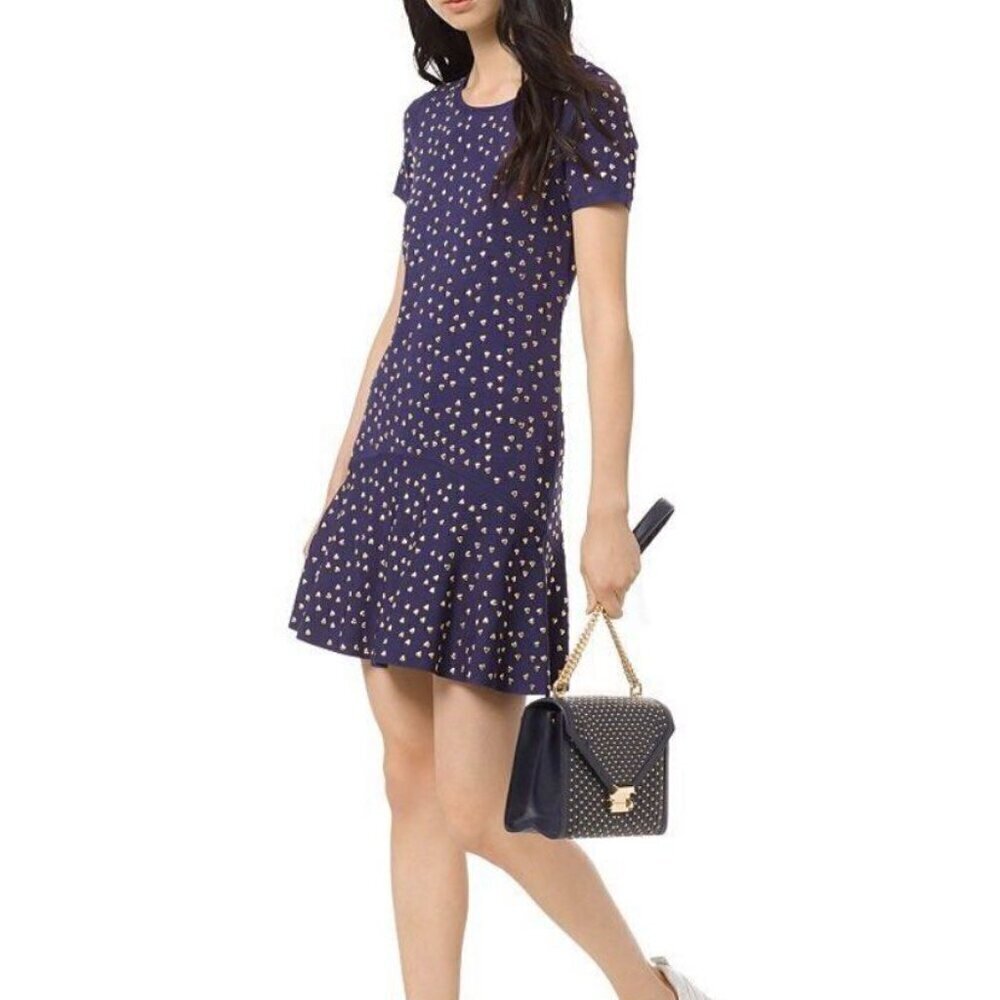$350 MICHAEL KORS Navy Knit Dress With Gold Heart Studs Size L 10- 12 NEW!